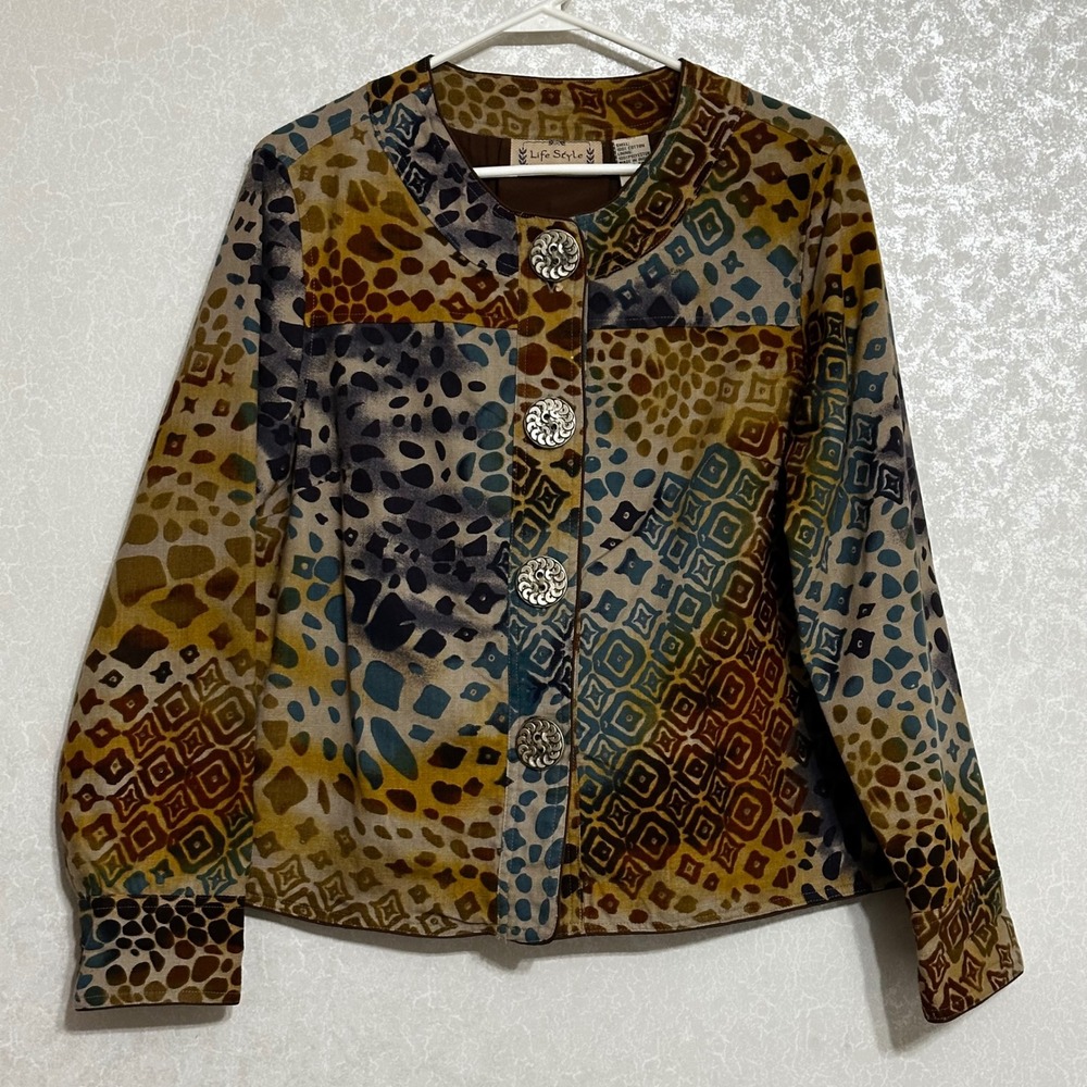 Life Style Brown Blue Abstract Print Button Front Jacket Artistic Boho Sz L